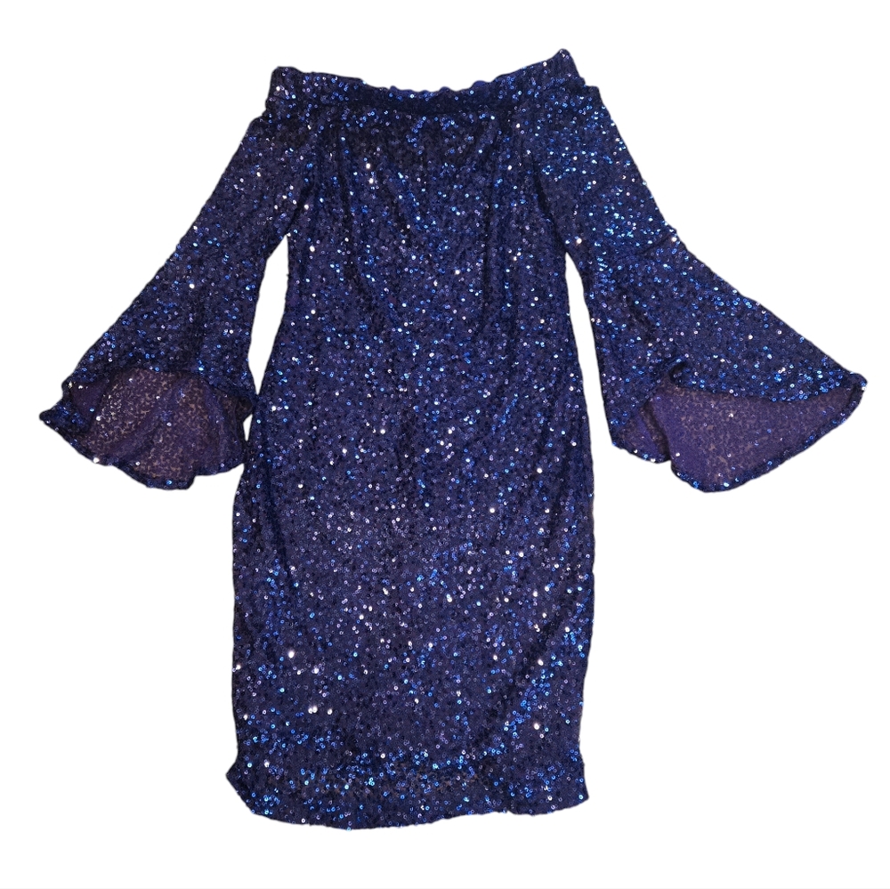Bebe deep purple sequined dress with flared sleeves. Size 6.